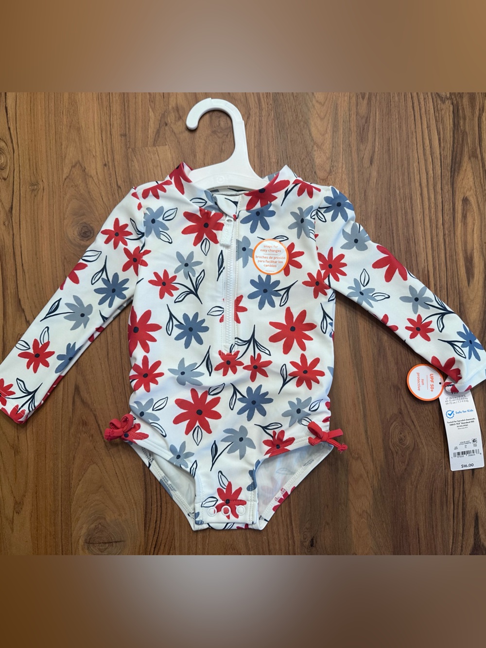 Carter's White Long-Sleeve Floral Rashguard with Red & Gray Flowers